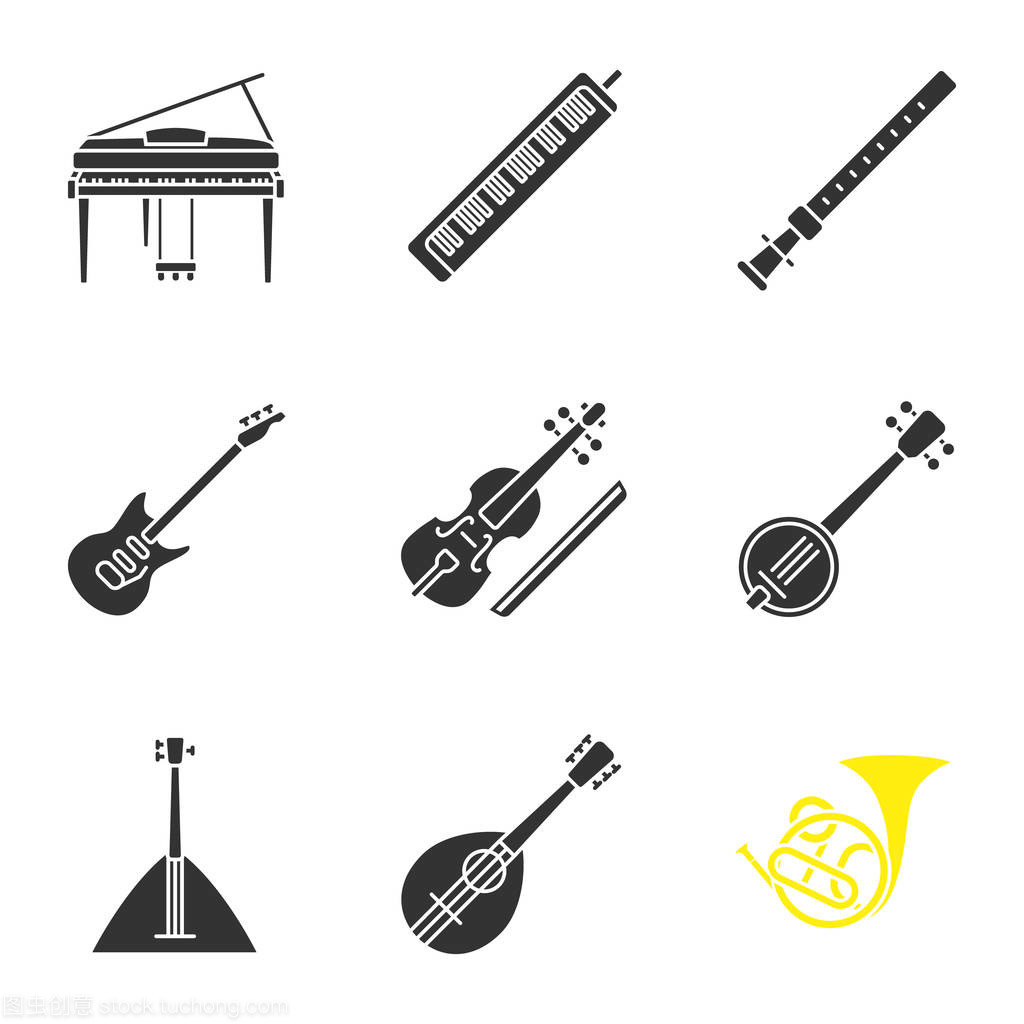 乐器字形图标设置。钢琴, melodica, duduk, 电吉他, 中提琴, 班卓琴, 巴拉莱卡琴, 曼陀林, 法国号角。剪影符号。矢量隔离插图